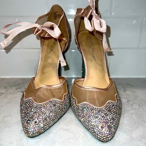 Betsey Johnson Iris Satin Rhinestone Stiletto Pumps. Champagne colored ties.